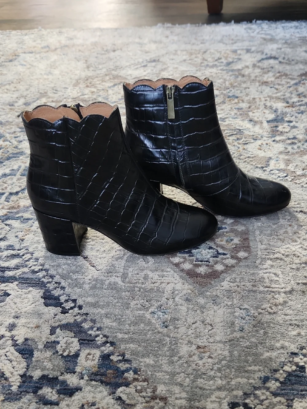 Andre Assous Black Croc-Embossed Ankle Boots Scolloped -Booties